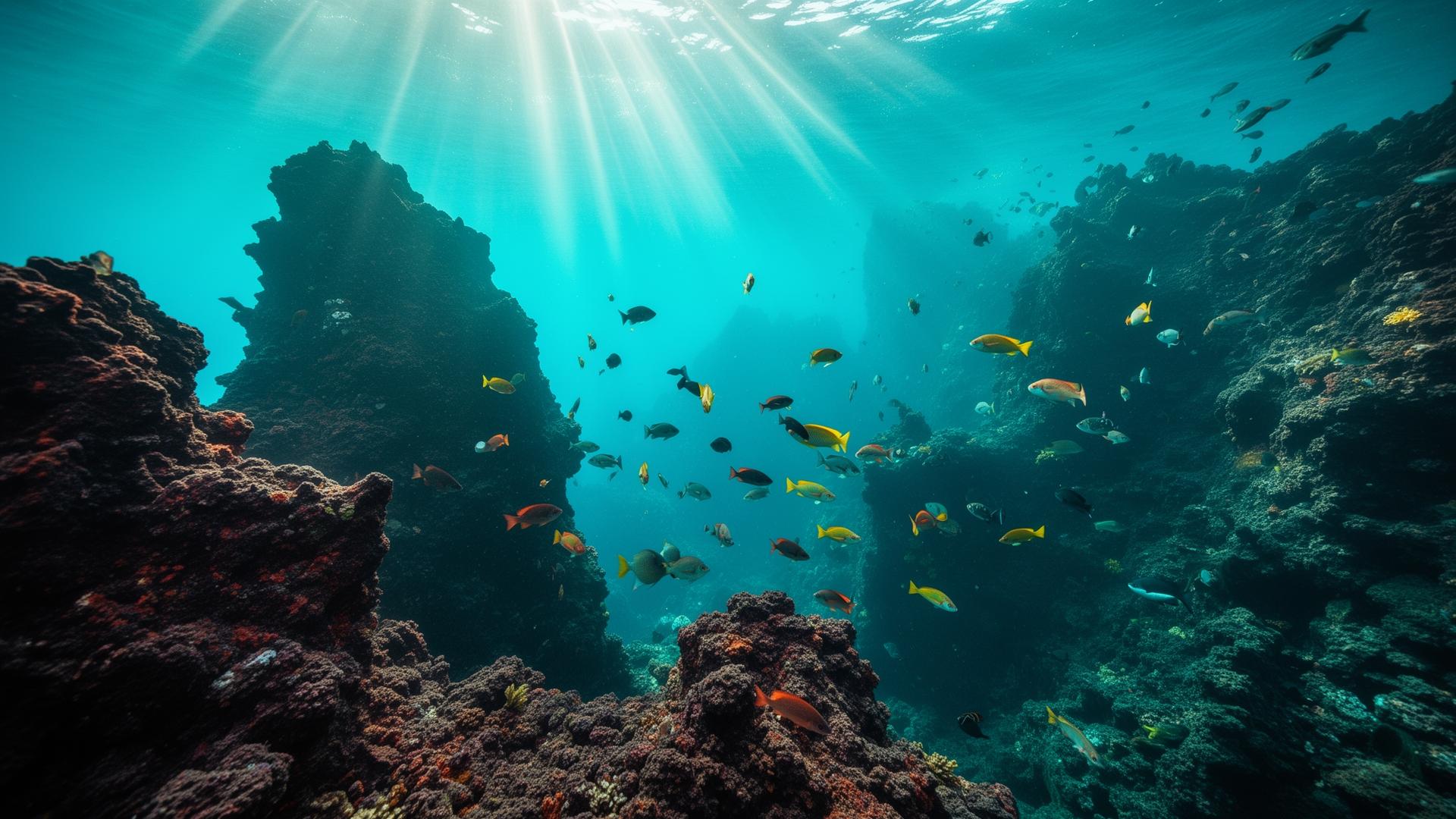 Underwater scene off Madeira with sunbeams and tropical fish